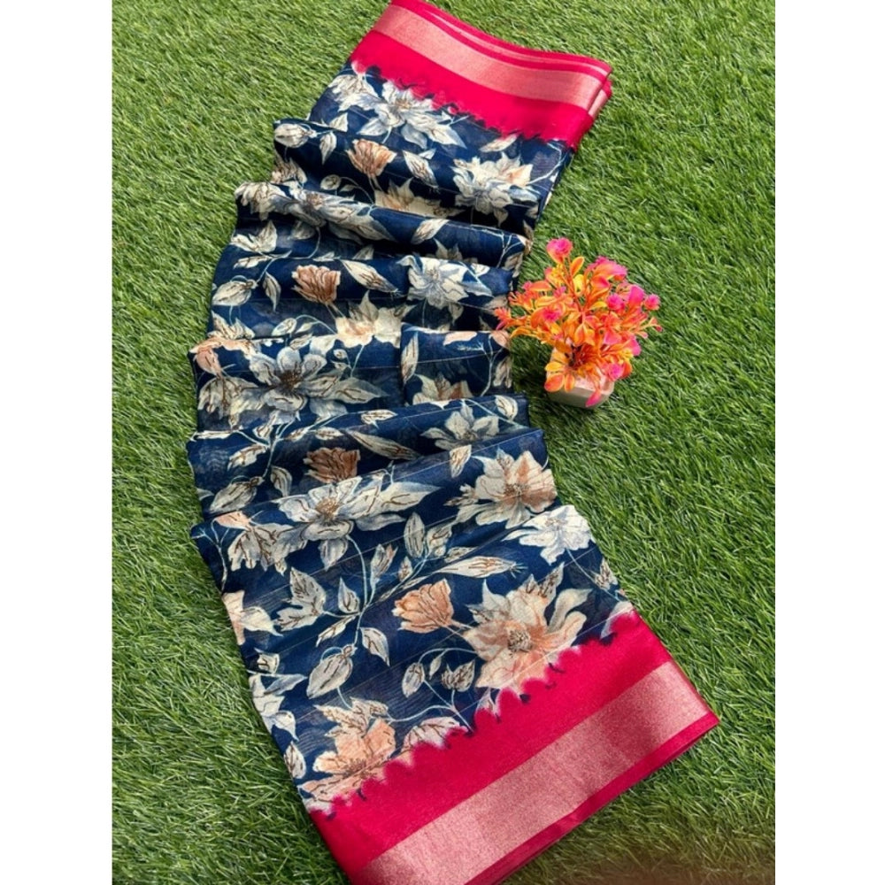 Ranili Linen Printed Saree With Unstitched Blouse