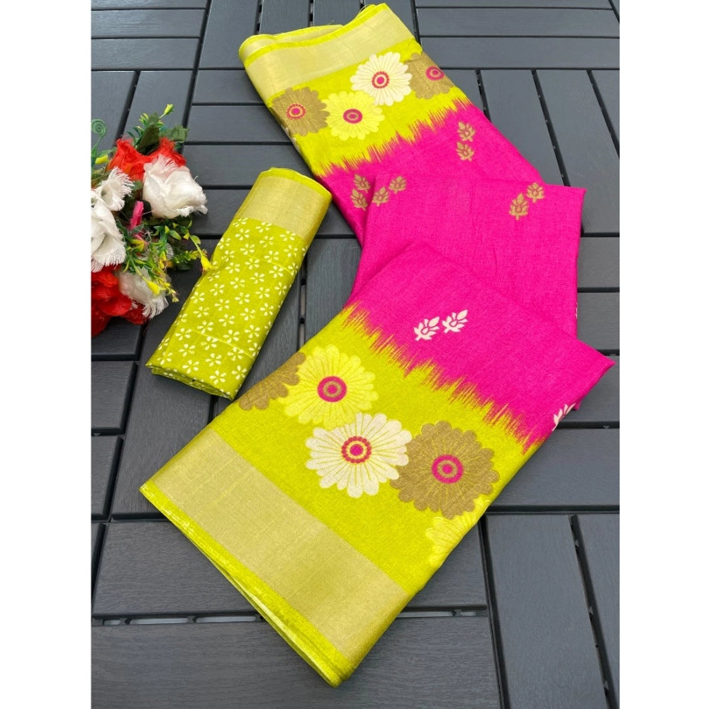 Ranili Cotton Blend Printed Saree With Unstitched Blouse
