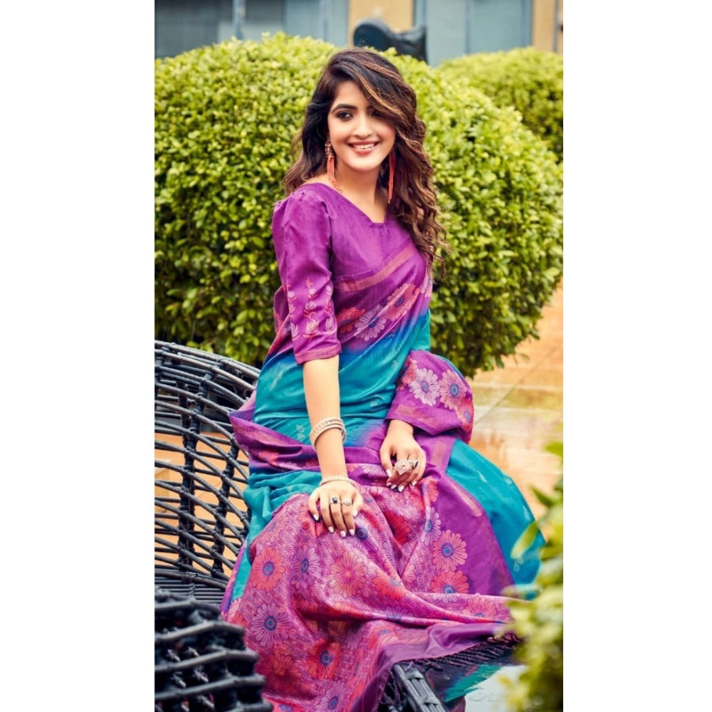 Ranili Cotton Blend Printed Saree With Unstitched Blouse