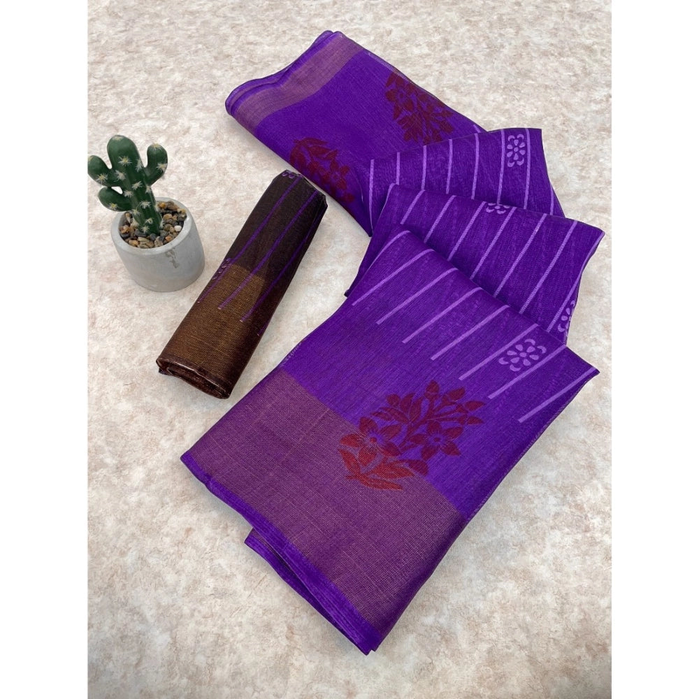 Ranili Cotton Blend Printed Saree With Unstitched Blouse