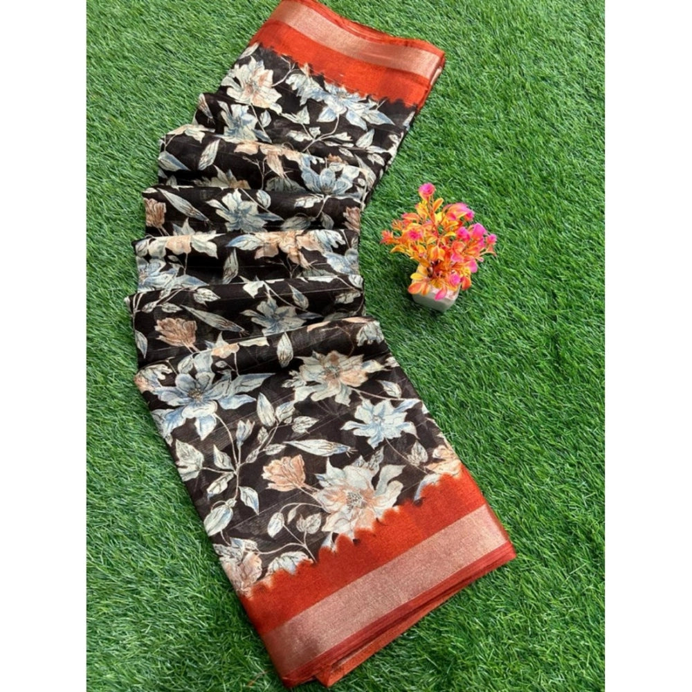 Ranili Linen Printed Saree With Unstitched Blouse