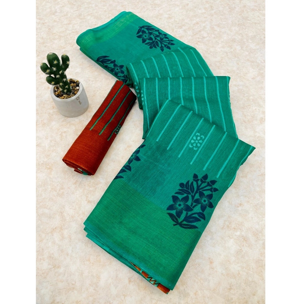 Ranili Cotton Blend Printed Saree With Unstitched Blouse