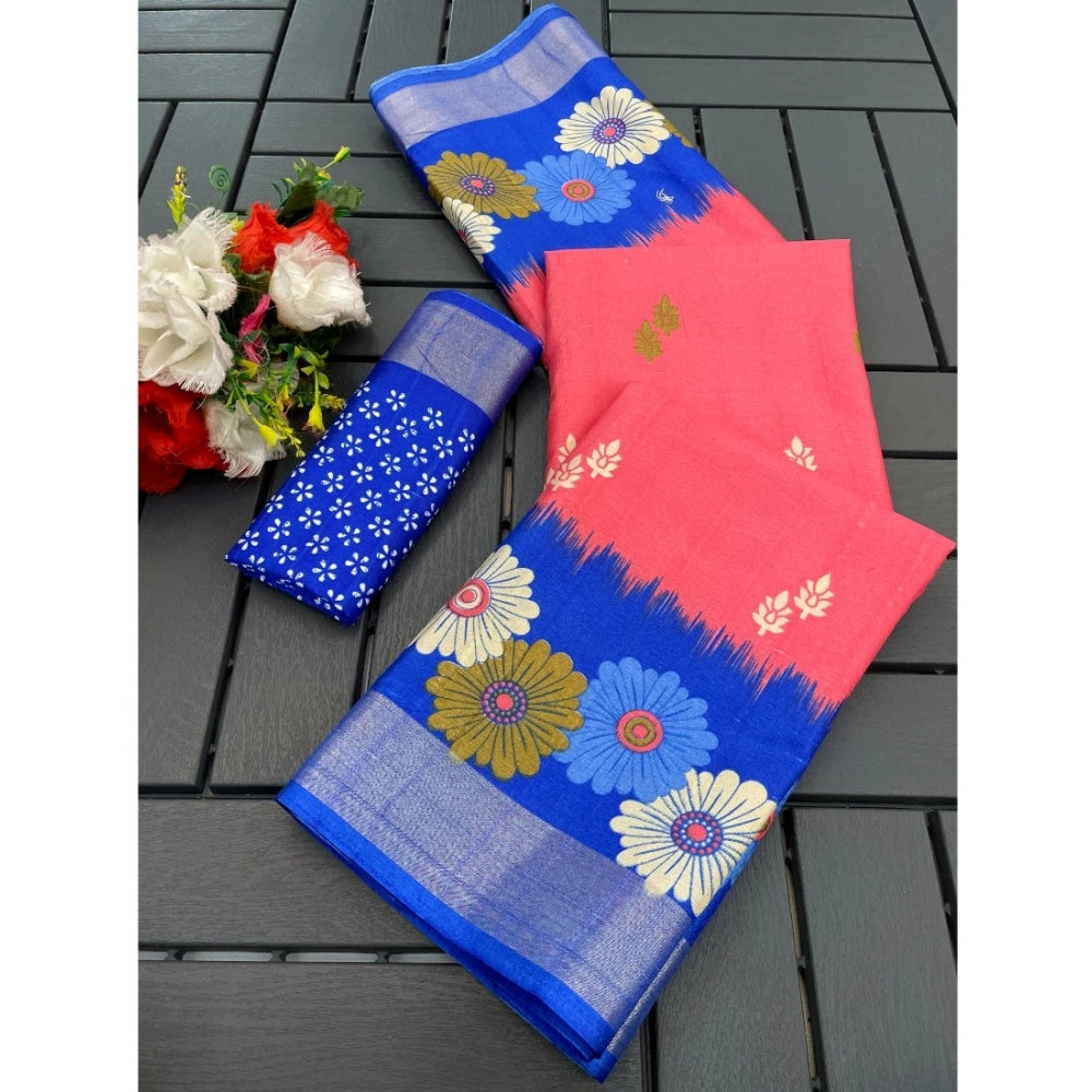 Ranili Cotton Blend Printed Saree With Unstitched Blouse