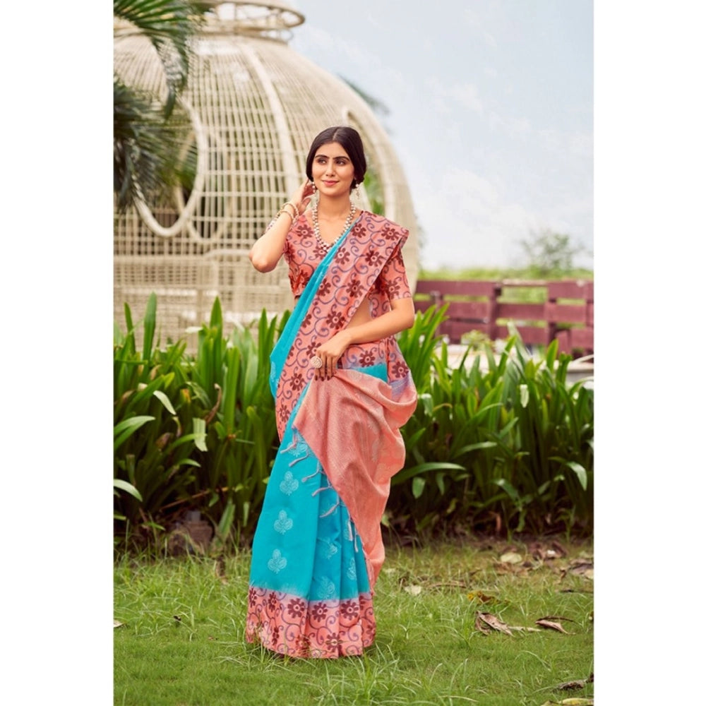 Ranili Cotton Blend Printed Saree With Unstitched Blouse