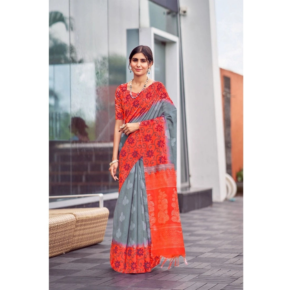 Ranili Cotton Blend Printed Saree With Unstitched Blouse