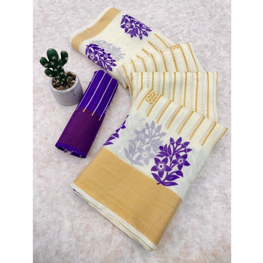 Ranili Cotton Blend Printed Saree With Unstitched Blouse