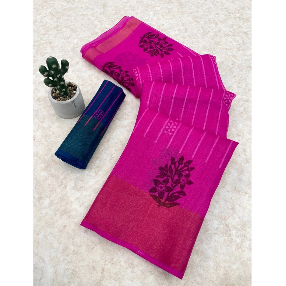 Ranili Cotton Blend Printed Saree With Unstitched Blouse