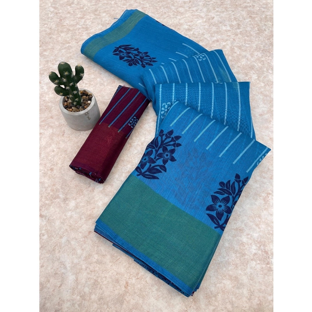Ranili Cotton Blend Printed Saree With Unstitched Blouse