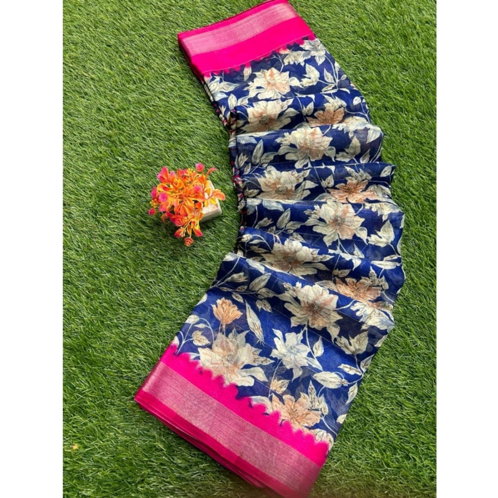 Ranili Linen Printed Saree With Unstitched Blouse