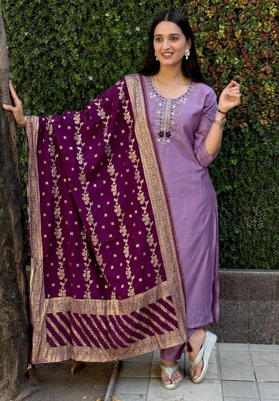 Stunning Roman Silk Kurta With Trousers & Dupatta