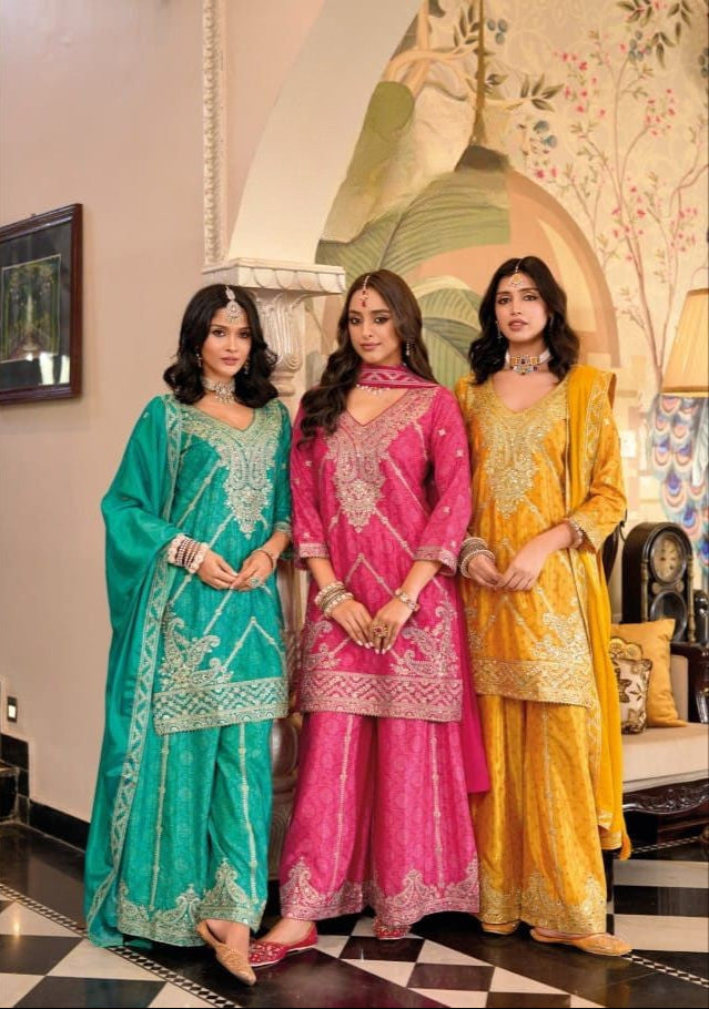 Stunning Palazzo Suit in Chinon Digital Print with Exquisite Embroidery Work