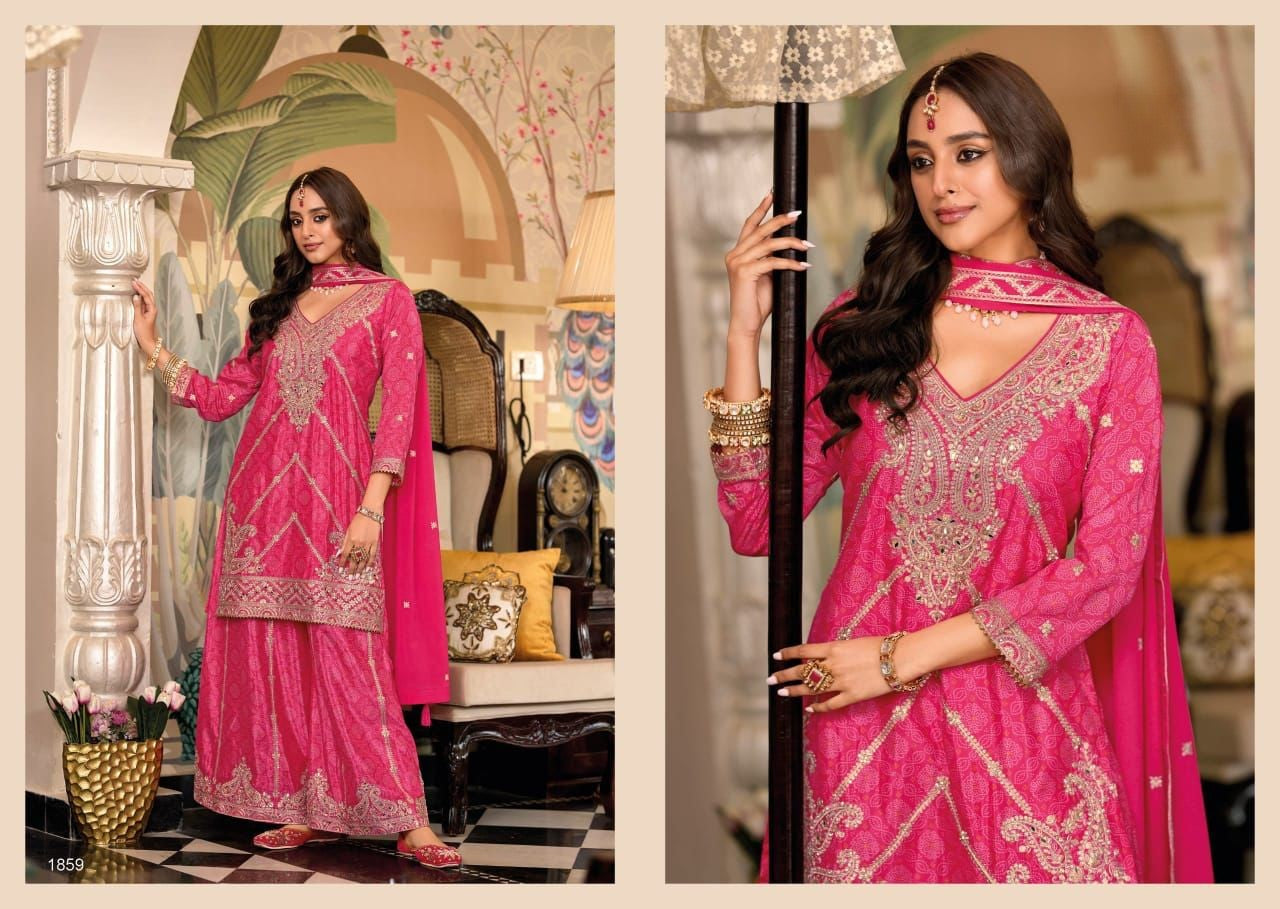 Stunning Palazzo Suit in Chinon Digital Print with Exquisite Embroidery Work