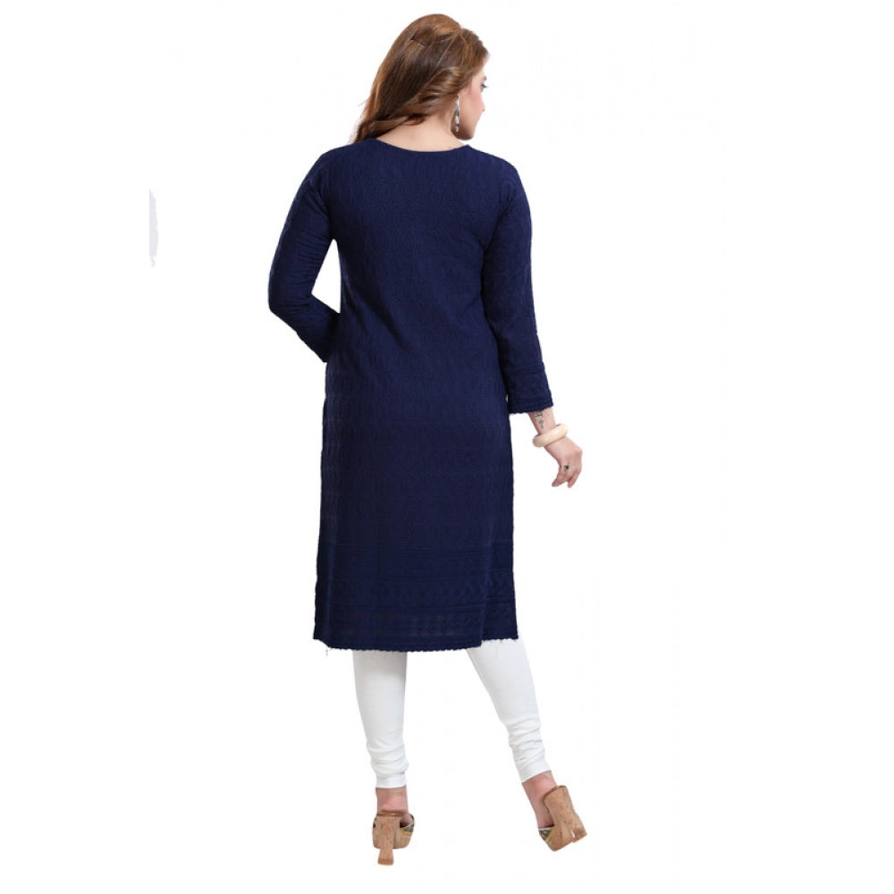 Ranili Rayon Embroidered Straight Kurti-navy Blue