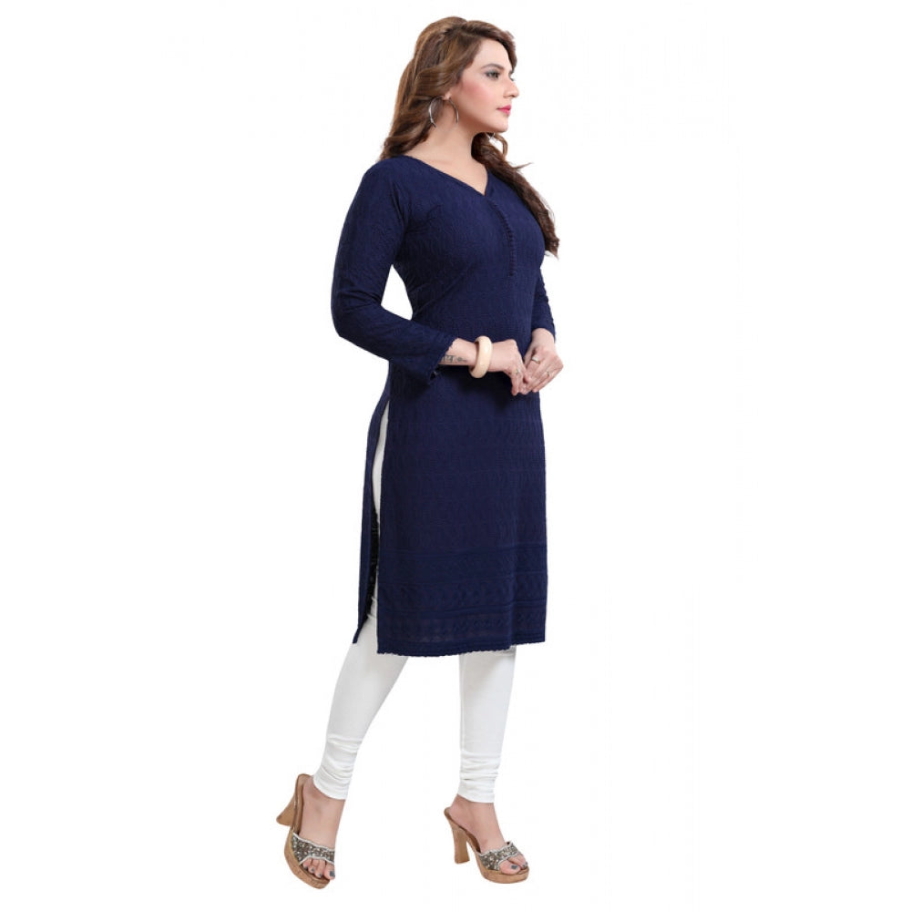 Ranili Rayon Embroidered Straight Kurti-navy Blue