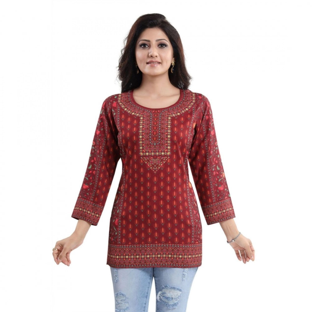 Ranili Quarter Sleeve Faux Crepe Printed Short Kurti Tunic Top