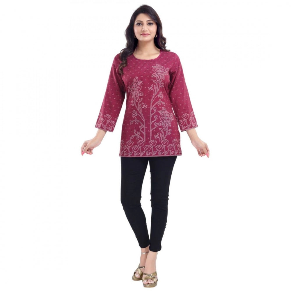 Ranili Quarter Sleeve Faux Crepe Printed Short Kurti Tunic Top