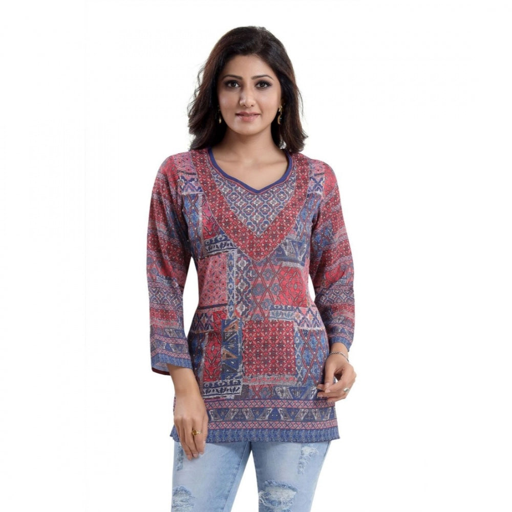 Ranili Quarter Sleeve Faux Crepe Printed Short Kurti Tunic Top