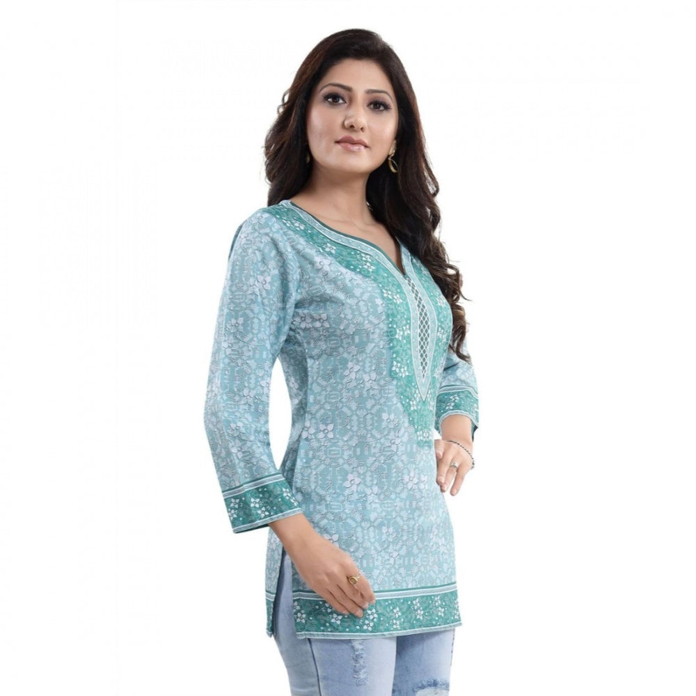 Ranili Quarter Sleeve Faux Crepe Printed Short Kurti Tunic Top