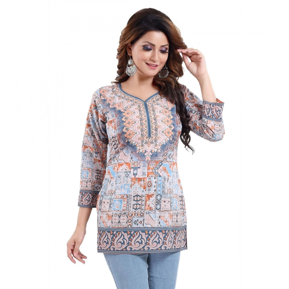 Ranili Quarter Sleeve Faux Crepe Printed Short Kurti Tunic Top