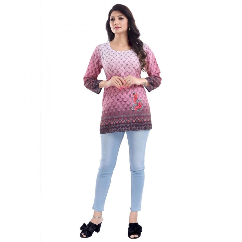 Ranili Quarter Sleeve Faux Crepe Printed Short Kurti Tunic Top