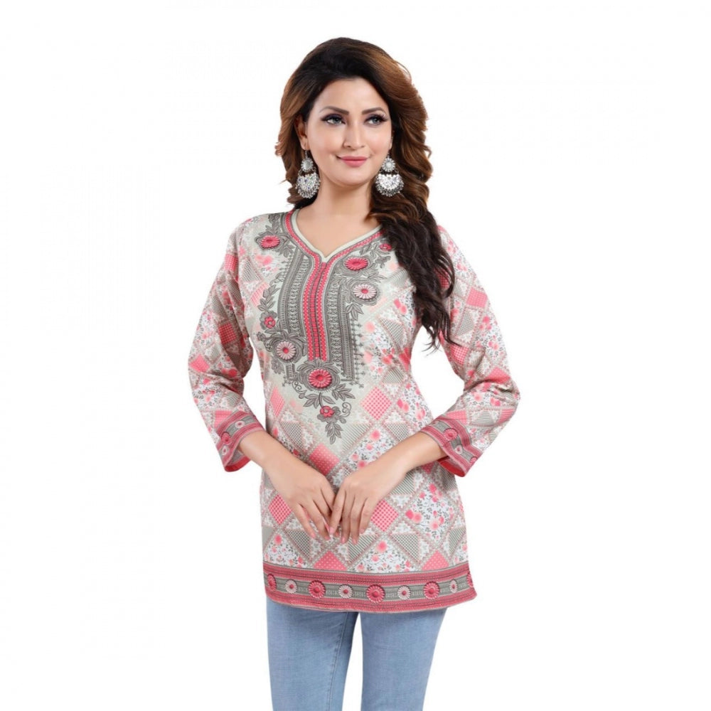 Ranili Quarter Sleeve Faux Crepe Printed Short Kurti Tunic Top