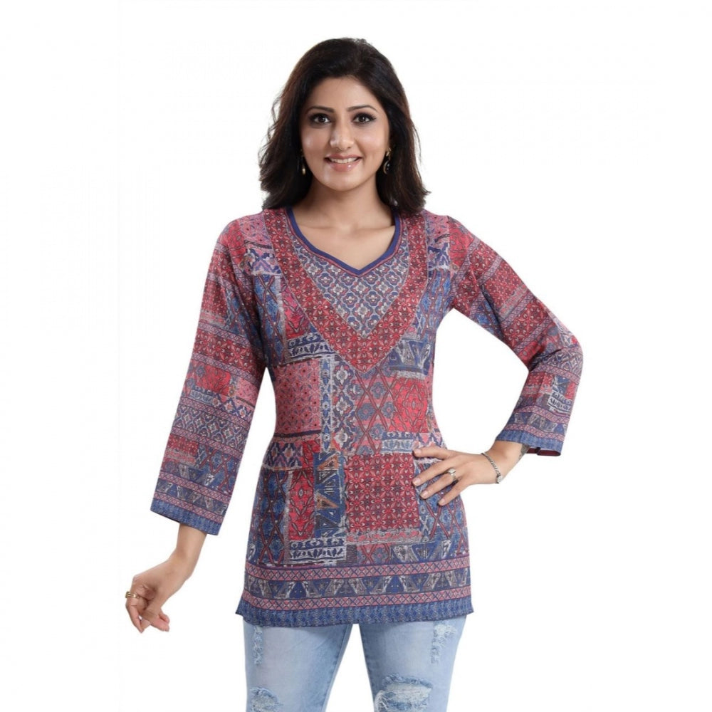 Ranili Quarter Sleeve Faux Crepe Printed Short Kurti Tunic Top