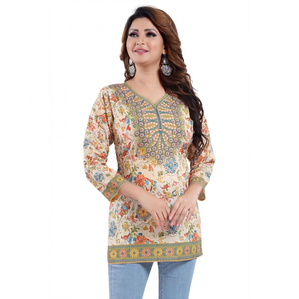 Ranili Quarter Sleeve Faux Crepe Printed Short Kurti Tunic Top
