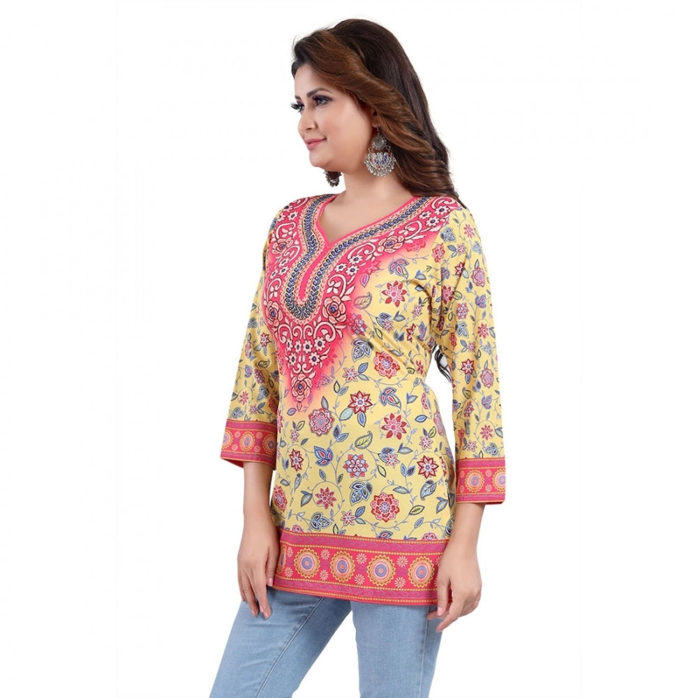 Ranili Quarter Sleeve Faux Crepe Printed Short Kurti Tunic Top