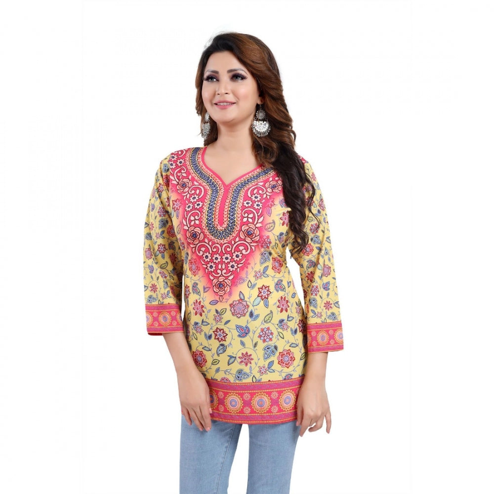 Ranili Quarter Sleeve Faux Crepe Printed Short Kurti Tunic Top