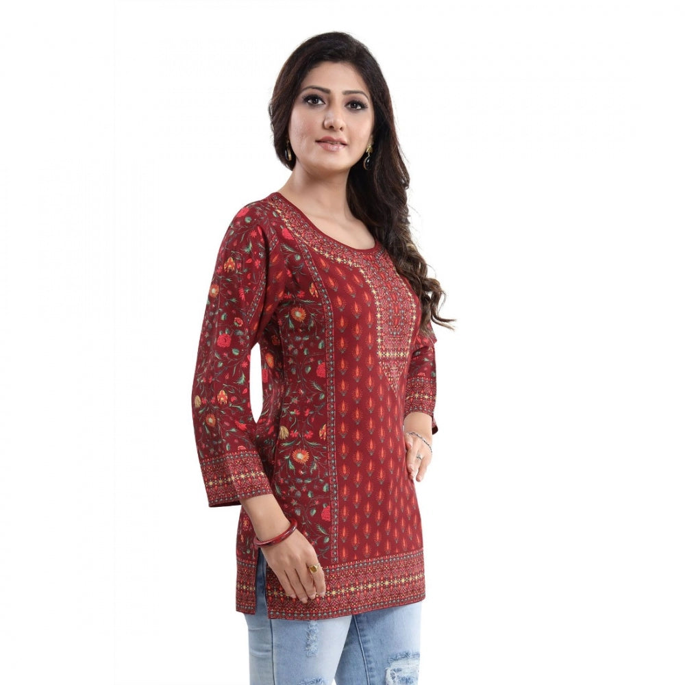 Ranili Quarter Sleeve Faux Crepe Printed Short Kurti Tunic Top