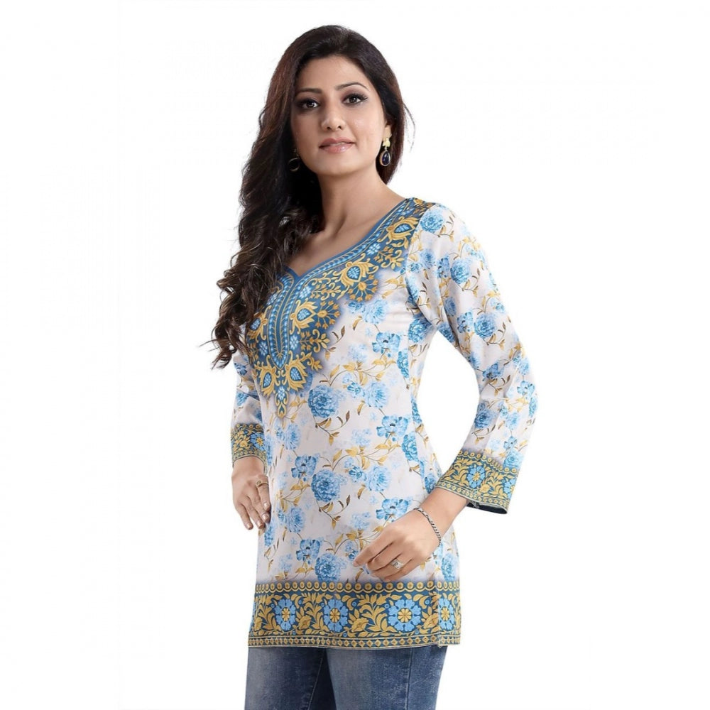 Ranili Quarter Sleeve Faux Crepe Printed Short Kurti Tunic Top