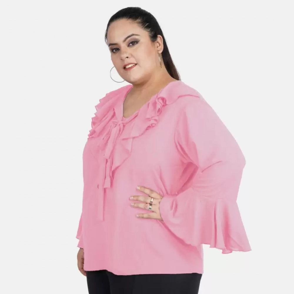 Ranili Casual Bell Sleeve Solid Pink Top