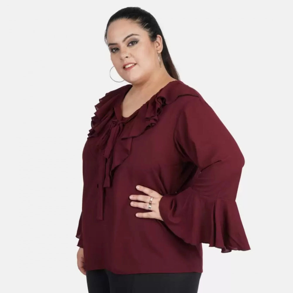 Ranili Casual Bell Sleeve Solid Maroon Top