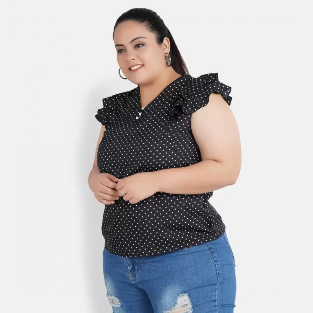 Ranili Casual Flutter Sleeve Polka Print Black Top
