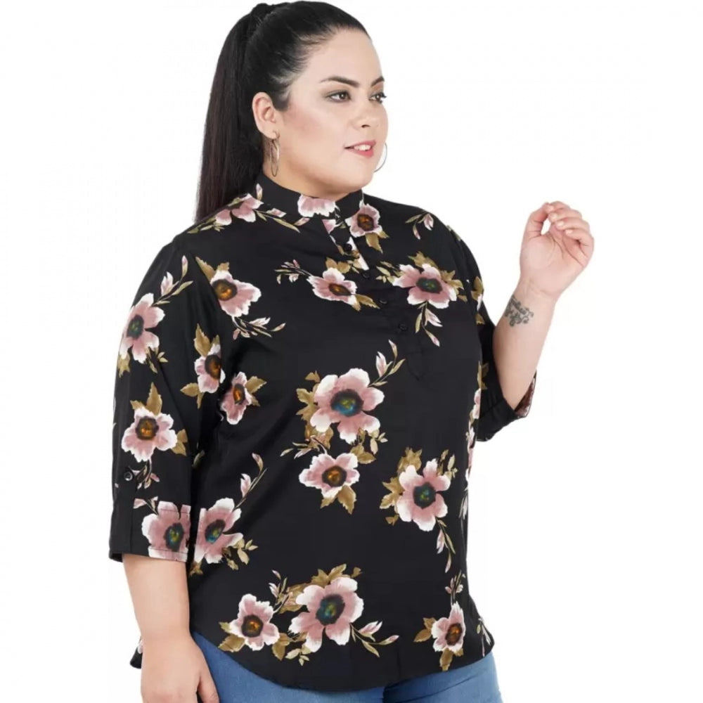 Ranili Casual Three Fourth Sleeve Printed Black Top