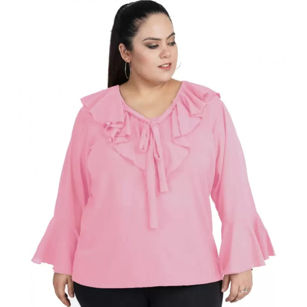 Ranili Casual Bell Sleeve Solid Pink Top