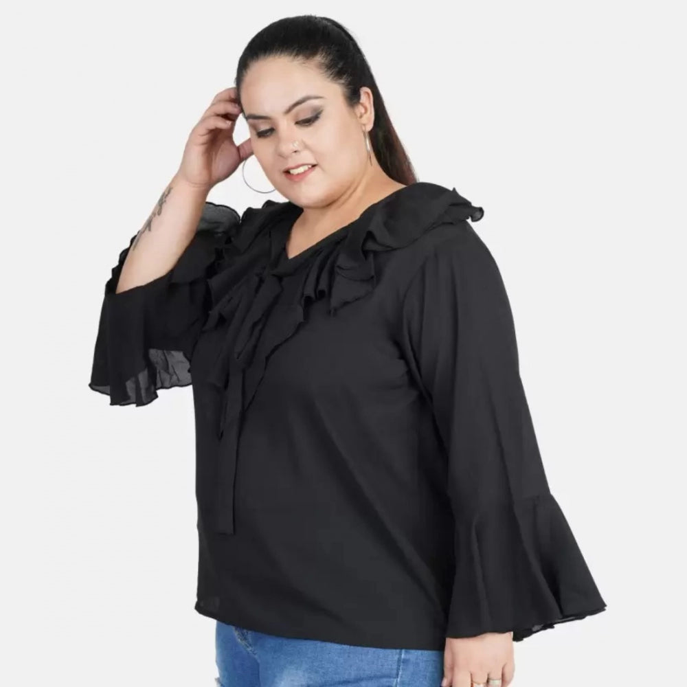 Ranili Casual Bell Sleeve Solid Black Top