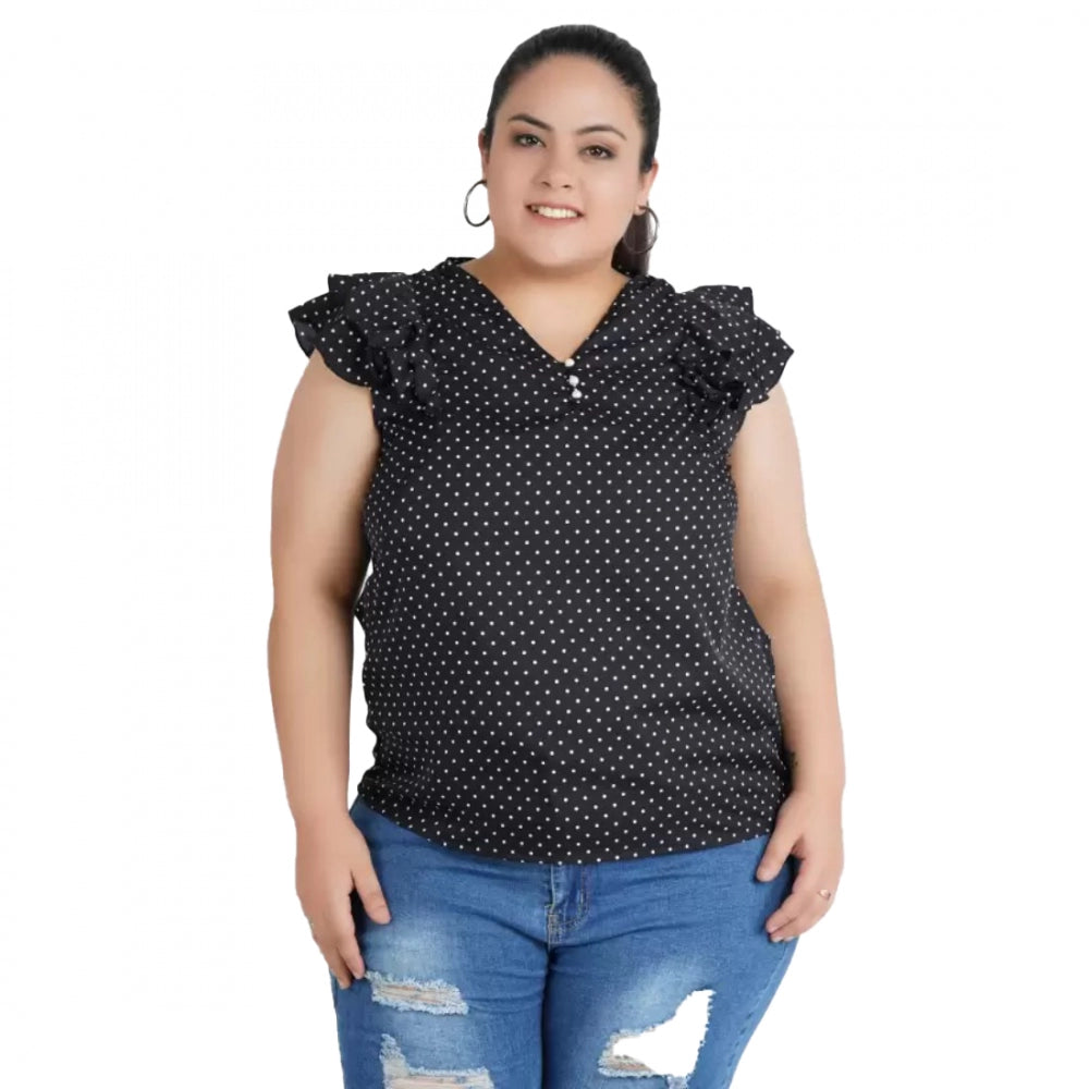 Ranili Casual Flutter Sleeve Polka Print Black Top
