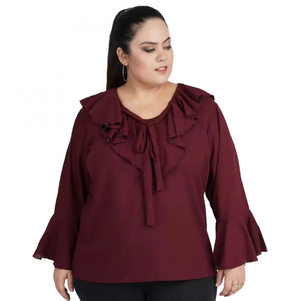 Ranili Casual Bell Sleeve Solid Maroon Top