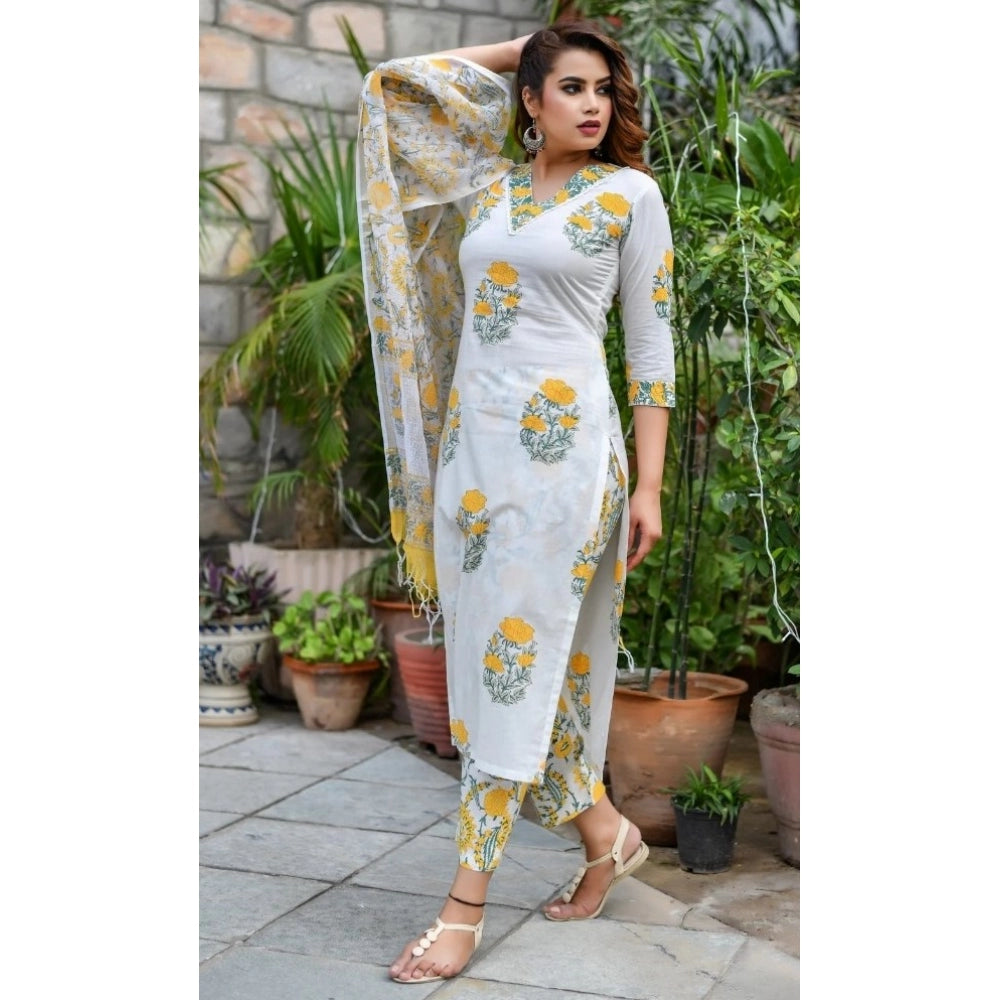 Ranili Cotton Blend Printed Work Kurti With Bottom And Dupatta Set