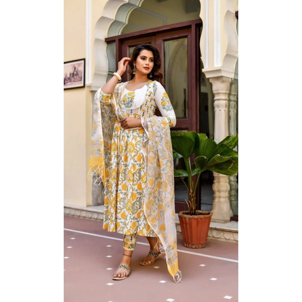Ranili Cotton Blend Printed Work Kurti With Bottom And Dupatta Set