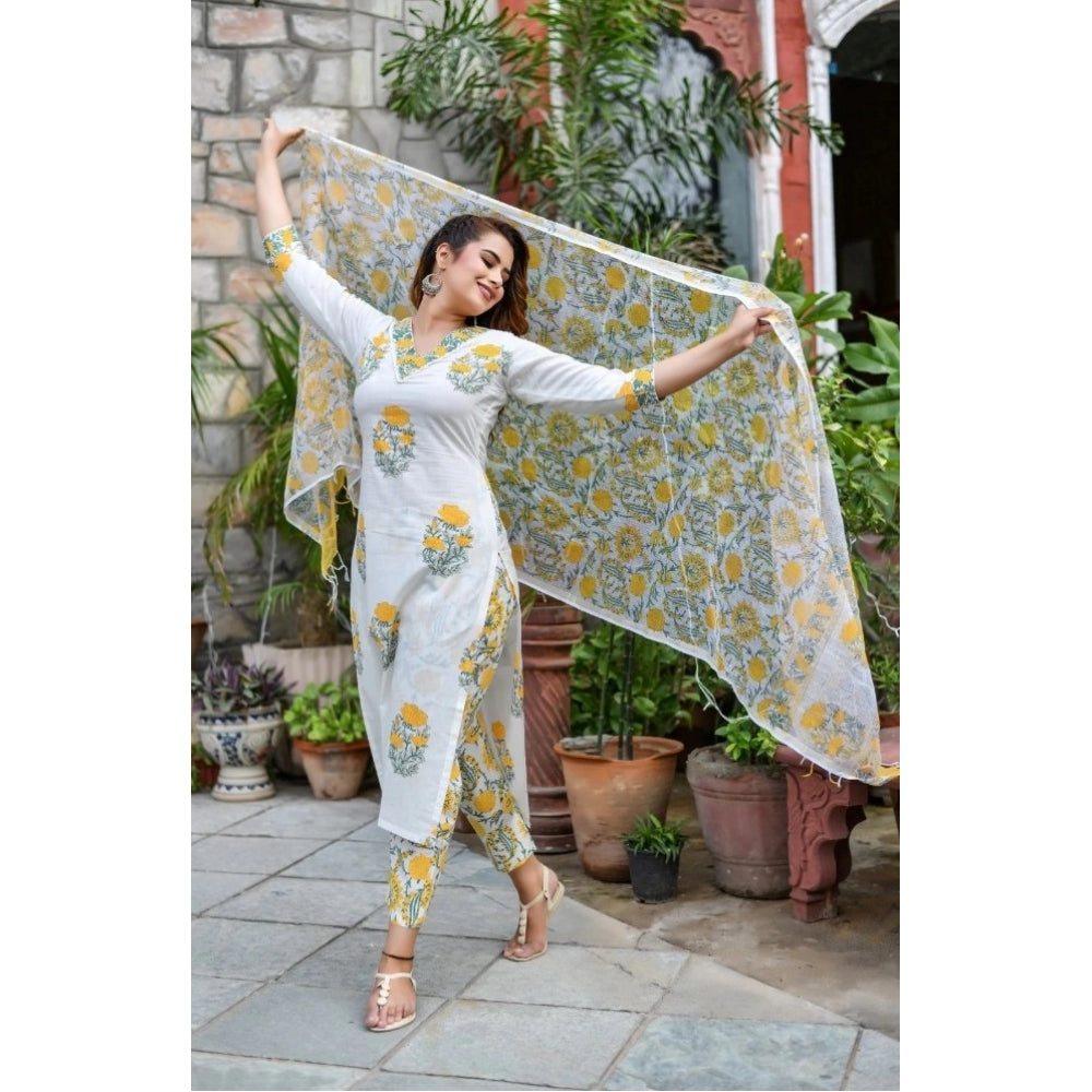 Ranili Cotton Blend Printed Work Kurti With Bottom And Dupatta Set