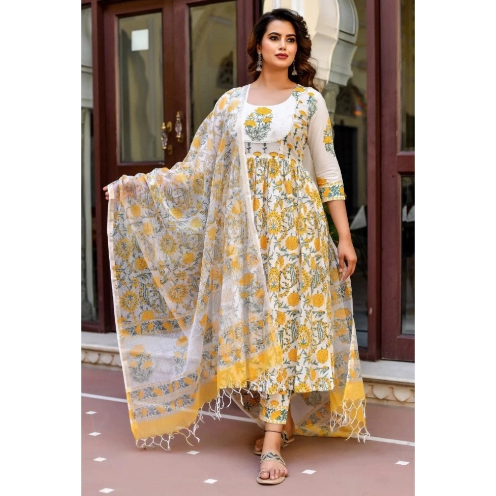 Ranili Cotton Blend Printed Work Kurti With Bottom And Dupatta Set
