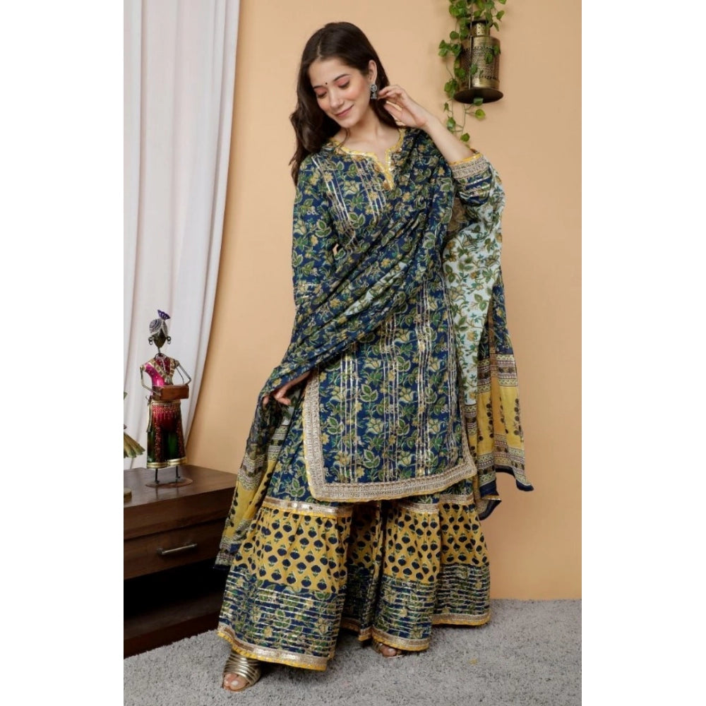 Ranili Full Gota Work Cotton Kurti And Sharara With Dupatta Set