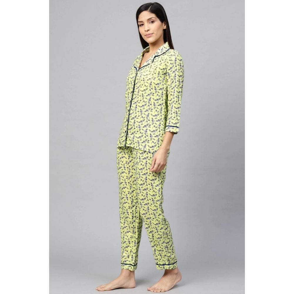 Ranili Casual 3/4 Sleeve Floral Printed Rayon Shirt With Pyjama Pant Night Suit Set