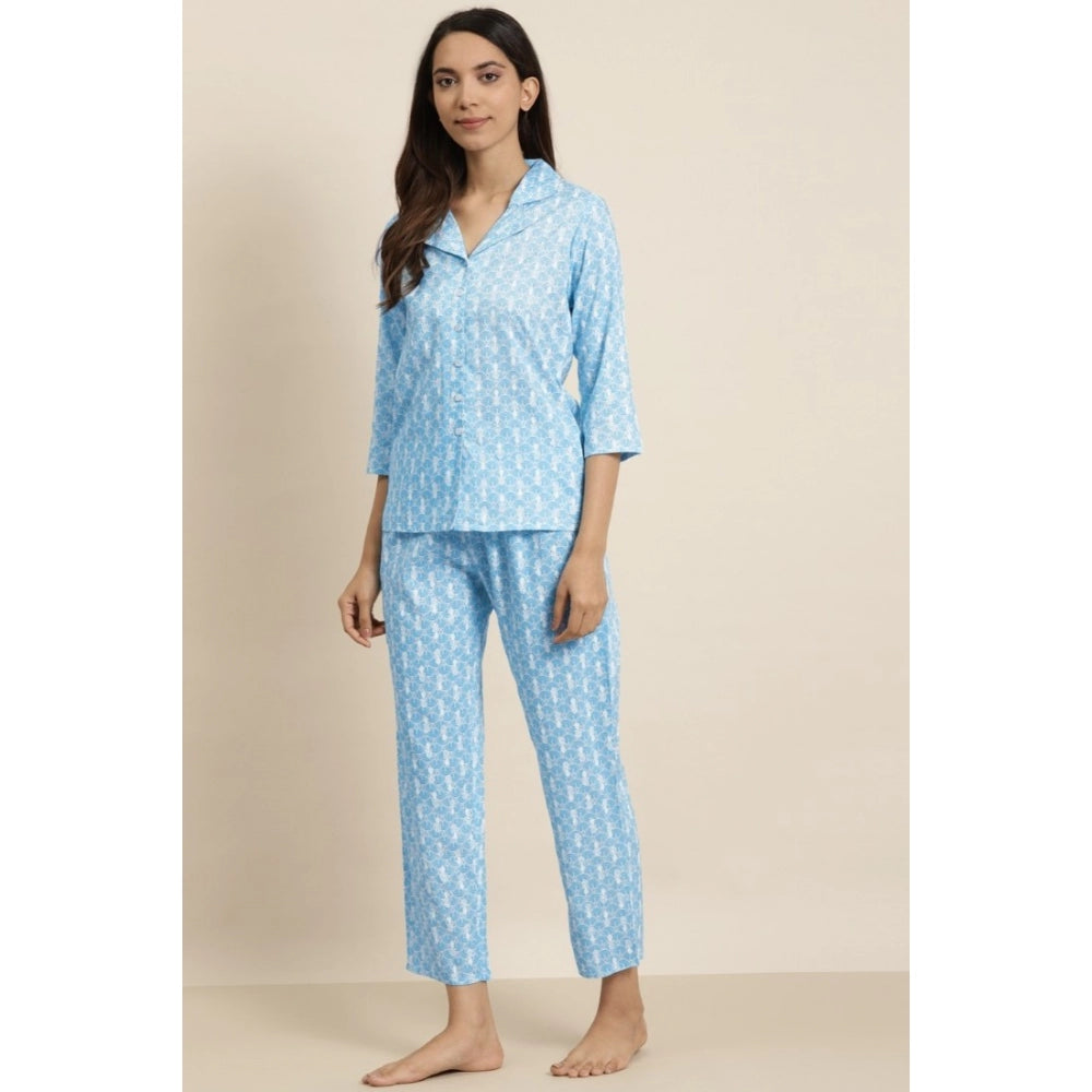 Ranili Casual 3/4 Th Sleeve Floral Printed Rayon Shirt With Pyjama Pant Night Suit Set