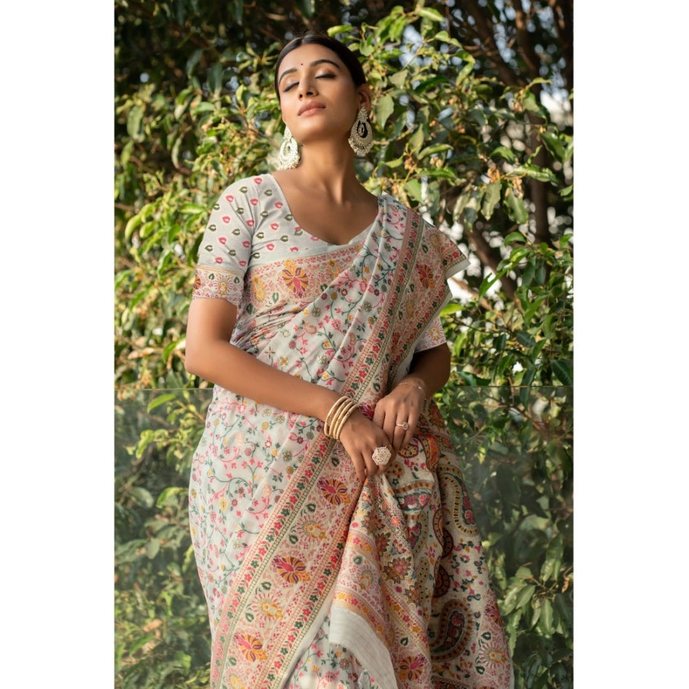 Ranili linen Printed Saree With Unstitched Blouse