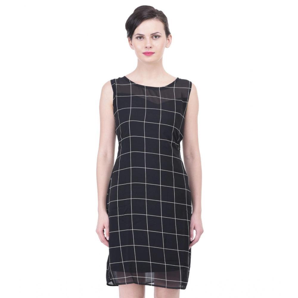 Ranili Cotton Blend Checked Sleeveless Sheath Dress