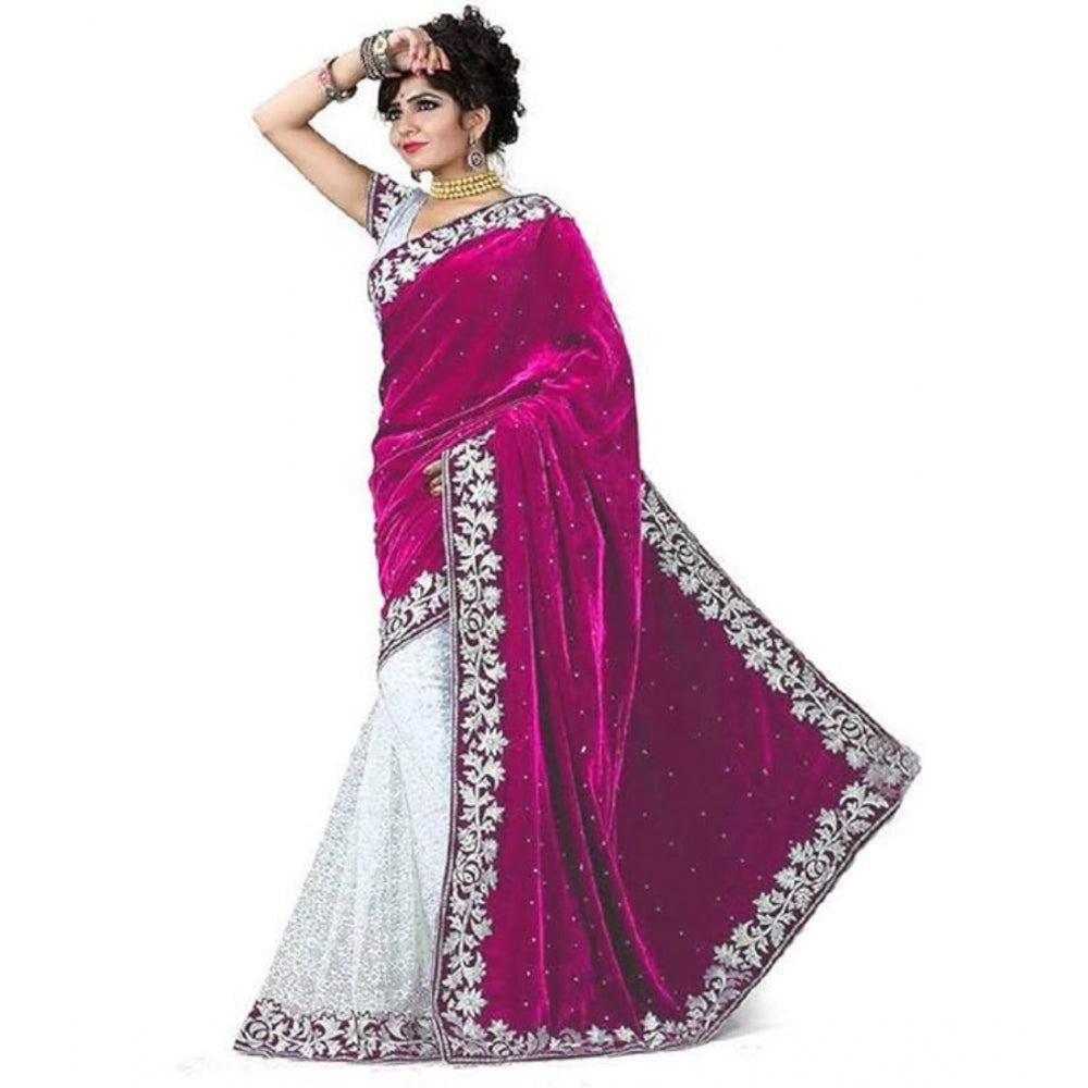 Ranili Velvet Embroidered Saree With Unstitched Blouse