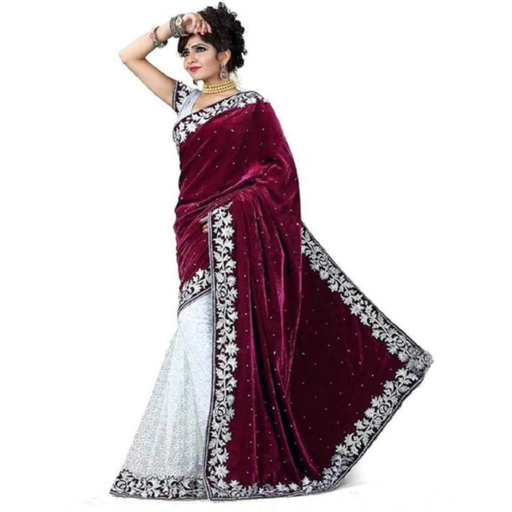 Ranili Velvet Embroidered Saree With Unstitched Blouse